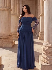 Coutiva Plus Size Women's Contrast Lace Long Sleeve Off-Shoulder Elegant Formal Evening Gown - Navy Blue - View 4