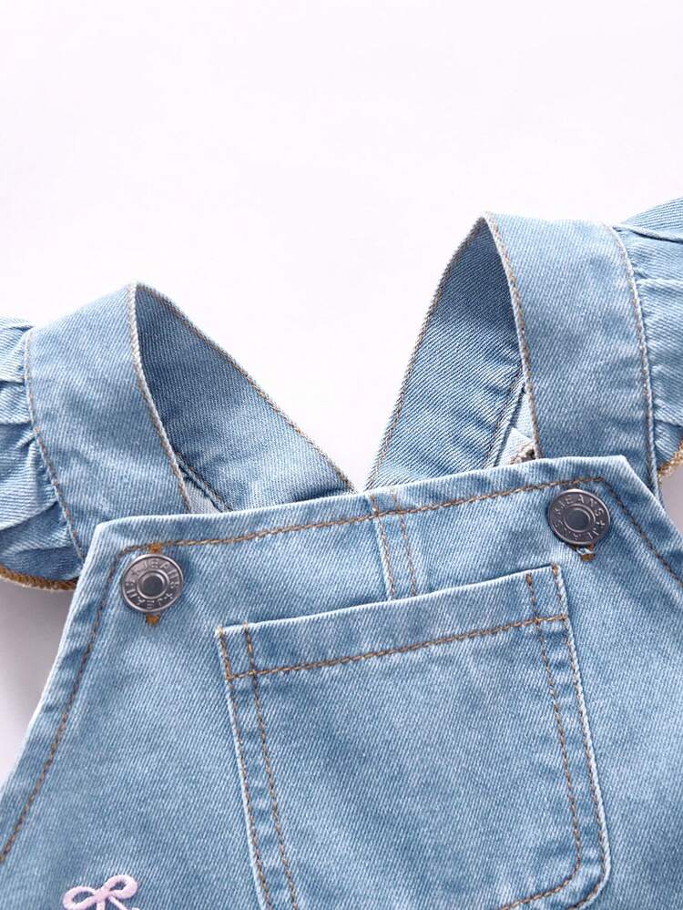 SHEIN Vintaside Kids Baby Girls' Soft Cotton Casual Babygirl Denim Bib Pants, Ruffled Shoulder Straps, Embroidered Bow Decor Back-To-School Vacation Blue And Pink Summer - Light Wash - View 3