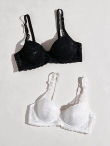 SHEIN MOD 2pack Blommig spets Bygel BH Set Underkläder - Svart och Vitt - Visa 7