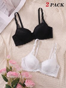 SHEIN MOD 2pack Blommig spets Bygel BH Set Underkläder - Svart och Vitt - Visa 2