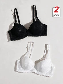 SHEIN MOD 2pack Blommig spets Bygel BH Set Underkläder - Svart och Vitt - Visa 1