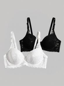 SHEIN MOD 2pack Blommig spets Bygel BH Set Underkläder - Svart och Vitt - Visa 8