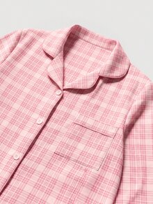 SHEIN MOD Pink Plaid Lapel Collar Top & Pants Pajama Set, Winter Clothes - Pink - View 5