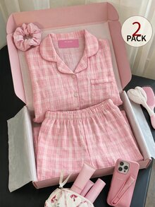 SHEIN MOD Pink Plaid Lapel Collar Top & Pants Pajama Set, Winter Clothes - Pink - View 2