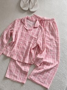 SHEIN MOD Pink Plaid Lapel Collar Top & Pants Pajama Set, Winter Clothes - Pink - View 7