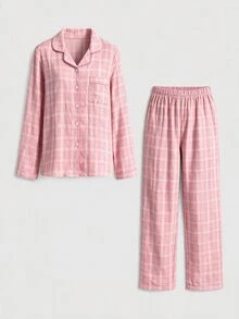 SHEIN MOD Pink Plaid Lapel Collar Top & Pants Pajama Set, Winter Clothes - Pink - View 8