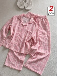 SHEIN MOD Pink Plaid Lapel Collar Top & Pants Pajama Set, Winter Clothes - Pink - View 1