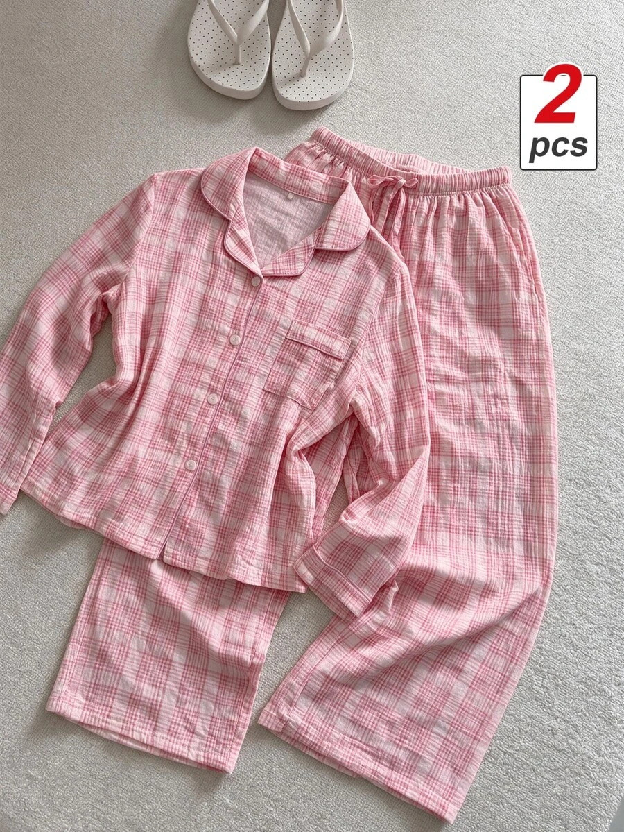 SHEIN MOD Pink Plaid Lapel Collar Top & Pants Pajama Set, Winter Clothes - Pink - View 1