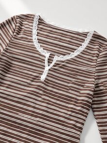 SHEIN MOD Dam Casual Randigt Mönster Spetskant Fyrkantig Halsringning Knappar Fram Långärmad Pyjamasset Tvådelat Pyjamasset Brunt Pyjamasset Randigt Pyjamasset Dam Sovplagg Tvådelat Loungeset Tvådelat - Multifärgad - Visa 5