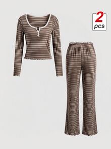 SHEIN MOD Dam Casual Randigt Mönster Spetskant Fyrkantig Halsringning Knappar Fram Långärmad Pyjamasset Tvådelat Pyjamasset Brunt Pyjamasset Randigt Pyjamasset Dam Sovplagg Tvådelat Loungeset Tvådelat - Multifärgad - Visa 3