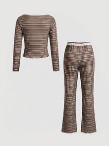 SHEIN MOD Dam Casual Randigt Mönster Spetskant Fyrkantig Halsringning Knappar Fram Långärmad Pyjamasset Tvådelat Pyjamasset Brunt Pyjamasset Randigt Pyjamasset Dam Sovplagg Tvådelat Loungeset Tvådelat - Multifärgad - Visa 4