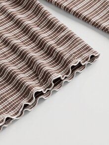 SHEIN MOD Dam Casual Randigt Mönster Spetskant Fyrkantig Halsringning Knappar Fram Långärmad Pyjamasset Tvådelat Pyjamasset Brunt Pyjamasset Randigt Pyjamasset Dam Sovplagg Tvådelat Loungeset Tvådelat - Multifärgad - Visa 6