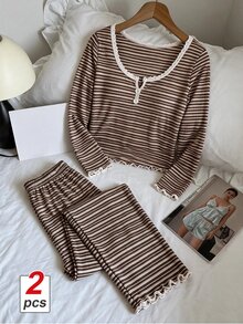SHEIN MOD Dam Casual Randigt Mönster Spetskant Fyrkantig Halsringning Knappar Fram Långärmad Pyjamasset Tvådelat Pyjamasset Brunt Pyjamasset Randigt Pyjamasset Dam Sovplagg Tvådelat Loungeset Tvådelat - Multifärgad - Visa 1