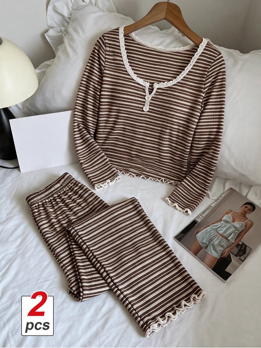SHEIN MOD Dam Casual Randigt Mönster Spetskant Fyrkantig Halsringning Knappar Fram Långärmad Pyjamasset Tvådelat Pyjamasset Brunt Pyjamasset Randigt Pyjamasset Dam Sovplagg Tvådelat Loungeset Tvådelat - Multifärgad - Visa 1
