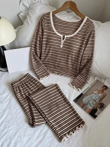 SHEIN MOD Dam Casual Randigt Mönster Spetskant Fyrkantig Halsringning Knappar Fram Långärmad Pyjamasset Tvådelat Pyjamasset Brunt Pyjamasset Randigt Pyjamasset Dam Sovplagg Tvådelat Loungeset Tvådelat - Multifärgad - Visa 7
