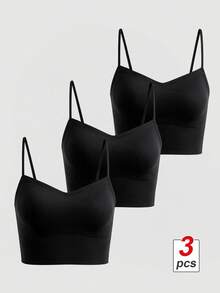SHEIN MOD طقم حمالة صدر للنساء 3قطع/مجموعة، طقم حمالة صدر بدون سلك وبراليت (بدون درز مع بطانة) - الأسود - مشاهدة 3