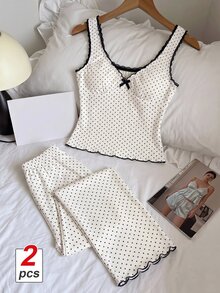SHEIN MOD Ribbed Polka Dot Print V-Neck Ruffle Trim Bow Decor Women's Pajama Set, Elegant Romantic Polka Dot Loungewear Set, Soft Comfortable Cute Pajamas - White - View 1