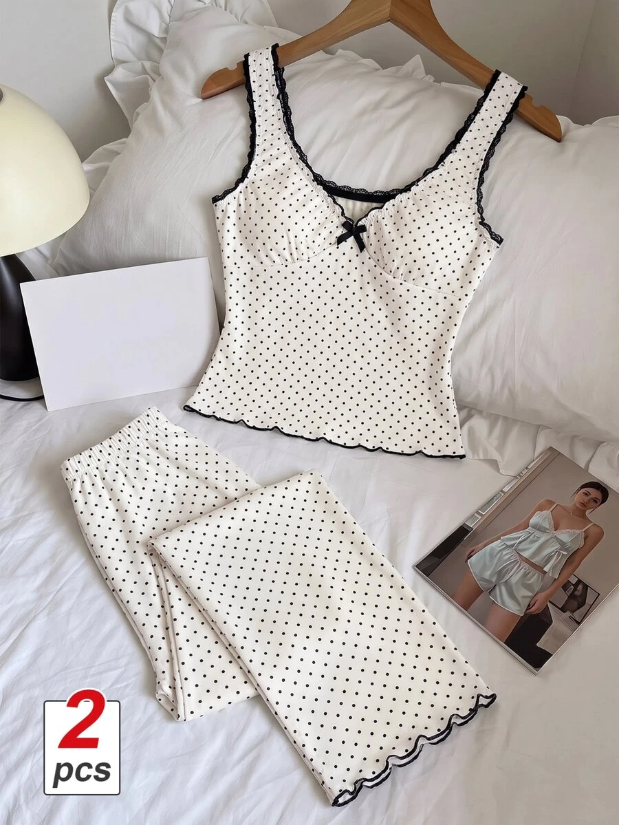 SHEIN MOD Ribbed Polka Dot Print V-Neck Ruffle Trim Bow Decor Women's Pajama Set, Elegant Romantic Polka Dot Loungewear Set, Soft Comfortable Cute Pajamas - White - View 1