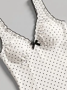 SHEIN MOD Ribbed Polka Dot Print V-Neck Ruffle Trim Bow Decor Women's Pajama Set, Elegant Romantic Polka Dot Loungewear Set, Soft Comfortable Cute Pajamas - White - View 5