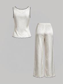 SHEIN MOD Ribbed Polka Dot Print V-Neck Ruffle Trim Bow Decor Women's Pajama Set, Elegant Romantic Polka Dot Loungewear Set, Soft Comfortable Cute Pajamas - White - View 4
