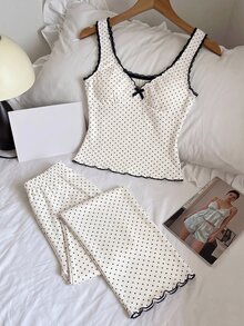 SHEIN MOD Ribbed Polka Dot Print V-Neck Ruffle Trim Bow Decor Women's Pajama Set, Elegant Romantic Polka Dot Loungewear Set, Soft Comfortable Cute Pajamas - White - View 7