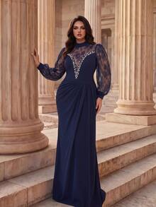 Coutiva Plus Size Lace Patchwork Twisted Yarn Messy Texture High Neck Long Sleeve Front Rhinestone & Bead Embellished Long Formal Evening Gown (Heavy Workmanship) - Navy Blue - View 3