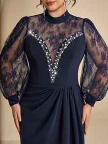 Coutiva Plus Size Lace Patchwork Twisted Yarn Messy Texture High Neck Long Sleeve Front Rhinestone & Bead Embellished Long Formal Evening Gown (Heavy Workmanship) - Navy Blue - View 12