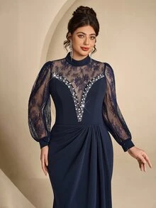 Coutiva Plus Size Lace Patchwork Twisted Yarn Messy Texture High Neck Long Sleeve Front Rhinestone & Bead Embellished Long Formal Evening Gown (Heavy Workmanship) - Navy Blue - View 11