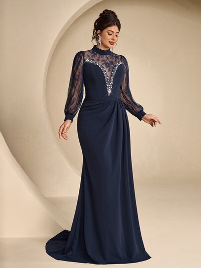 Coutiva Plus Size Lace Patchwork Twisted Yarn Messy Texture High Neck Long Sleeve Front Rhinestone & Bead Embellished Long Formal Evening Gown (Heavy Workmanship)