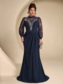Coutiva Plus Size Lace Patchwork Twisted Yarn Messy Texture High Neck Long Sleeve Front Rhinestone & Bead Embellished Long Formal Evening Gown (Heavy Workmanship) - Navy Blue - View 10