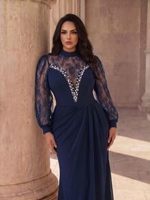 Coutiva Plus Size Lace Patchwork Twisted Yarn Messy Texture High Neck Long Sleeve Front Rhinestone & Bead Embellished Long Formal Evening Gown (Heavy Workmanship) - Navy Blue - View 5