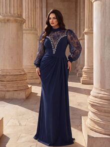 Coutiva Plus Size Lace Patchwork Twisted Yarn Messy Texture High Neck Long Sleeve Front Rhinestone & Bead Embellished Long Formal Evening Gown (Heavy Workmanship) - Navy Blue - View 4