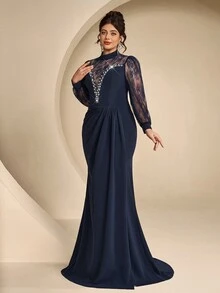 Coutiva Plus Size Lace Patchwork Twisted Yarn Messy Texture High Neck Long Sleeve Front Rhinestone & Bead Embellished Long Formal Evening Gown (Heavy Workmanship) - Navy Blue - View 7