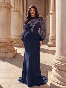 Coutiva Plus Size Lace Patchwork Twisted Yarn Messy Texture High Neck Long Sleeve Front Rhinestone & Bead Embellished Long Formal Evening Gown (Heavy Workmanship) - Navy Blue - View 1