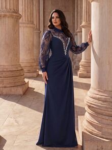 Coutiva Plus Size Lace Patchwork Twisted Yarn Messy Texture High Neck Long Sleeve Front Rhinestone & Bead Embellished Long Formal Evening Gown (Heavy Workmanship) - Navy Blue - View 6