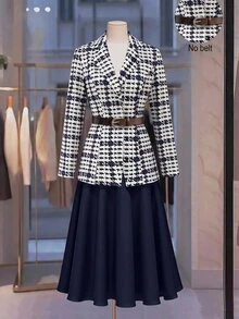 SHEIN Clasi طقم بدلة نسائية للتنقل اليومي مكون من جاكيت بأزرار وأكمام طويلة وتنورة بقصة A-خط - ازرق وابيض - مشاهدة 6