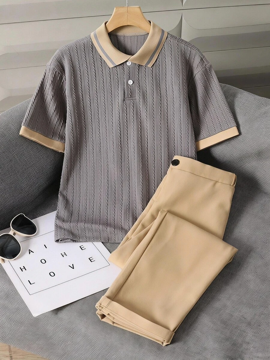SHEIN 男孩修身淺灰色米色拼色 Polo 長褲套裝,口袋細節,秋季學院風熱帶 80 年代學生校園度假風 - 灰色 - 查看 1