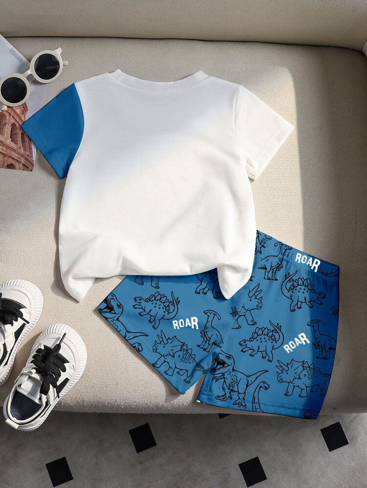 Baby Boys Spring Summer Cute Dinosaur Triceratops Print Patchwork Round Neck Short Sleeve T-Shirt Vacation Blue And White Dark Blue Holiday Family - Multicolor - View 2