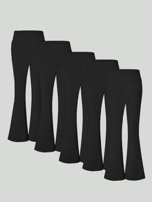 SHEIN Tween Girls Wide Leg High Waist 5pcs/Set Fashion Casual Baggy Comfortable Versatile Flare Pants Minimalist Back To School Outfit Autumn Fall Black - Black - View 2