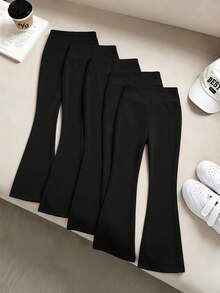 SHEIN Tween Girls Wide Leg High Waist 5pcs/Set Fashion Casual Baggy Comfortable Versatile Flare Pants Minimalist Back To School Outfit Autumn Fall Black - Black - View 1