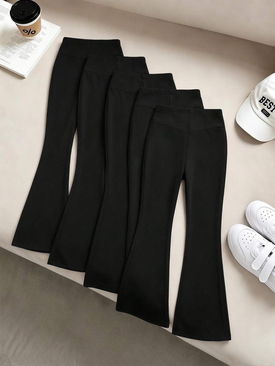 SHEIN Tween Girls Wide Leg High Waist 5pcs/Set Fashion Casual Baggy Comfortable Versatile Flare Pants Minimalist Back To School Outfit Autumn Fall Black - Black - View 1