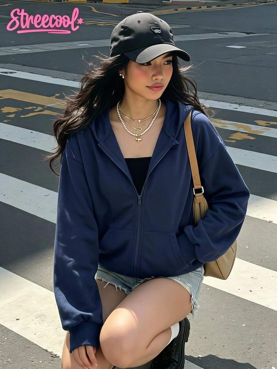 SHEIN Sparklyn Ropa de otoño para adolescentes chicas, sudadera chaqueta casual streetwear corte holgado regular, vuelta al colegio, atuendo cálido cómodo para sexto año, azul marino