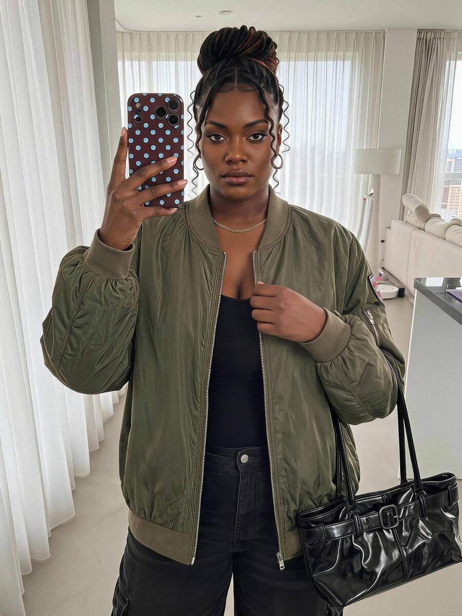 SHEIN CURVE+ Plus Size Women's New Fashion Business Casual Long Sleeve Jacket, Suitable For Commuting, Green Flight Jacket Fall - Green - View 1