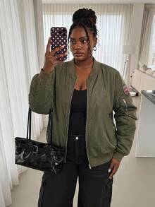 SHEIN CURVE+ Plus Size Women's New Fashion Business Casual Long Sleeve Jacket, Suitable For Commuting, Green Flight Jacket Fall - Green - View 2