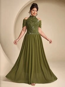 Coutiva Plus Size Women's Sequin Cold Shoulder Elegant Formal Evening Gown - Olive Green - View 7