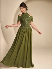 Coutiva Plus Size Women's Sequin Cold Shoulder Elegant Formal Evening Gown - Olive Green - View 10
