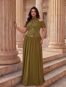 Coutiva Plus Size Women's Sequin Cold Shoulder Elegant Formal Evening Gown - Olive Green - View 3