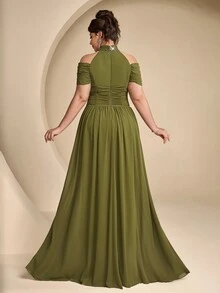 Coutiva Plus Size Women's Sequin Cold Shoulder Elegant Formal Evening Gown - Olive Green - View 8