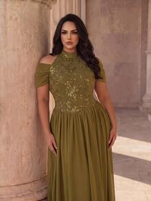 Coutiva Plus Size Women's Sequin Cold Shoulder Elegant Formal Evening Gown - Olive Green - View 5