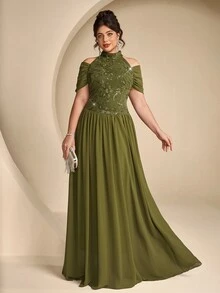 Coutiva Plus Size Women's Sequin Cold Shoulder Elegant Formal Evening Gown - Olive Green - View 9